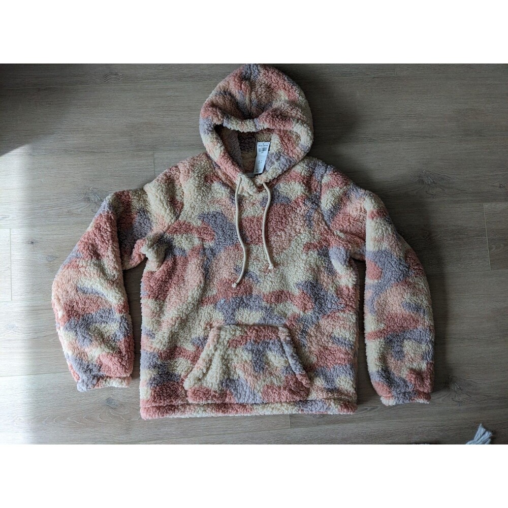 NEW Hollister Sherpa Pullover Hoodie Teddy Bear Pink Cream Camouflage Size L